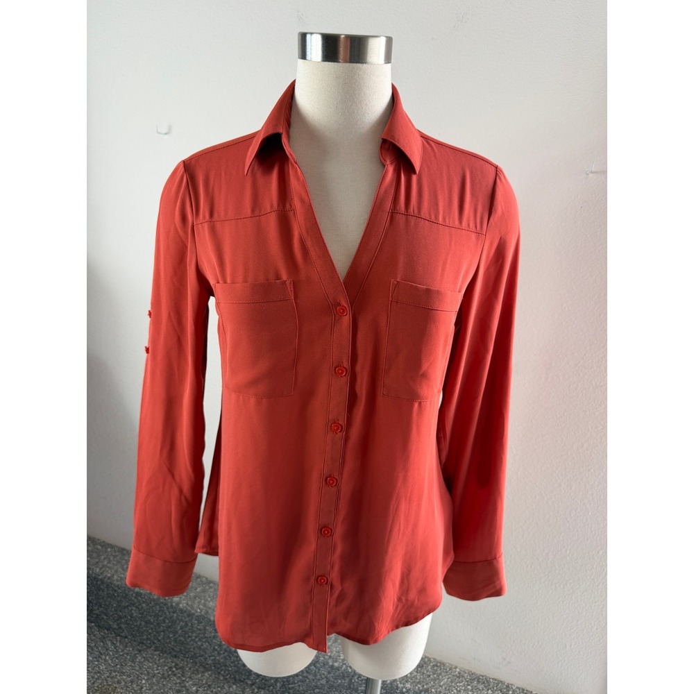 Express Portofino Shirt Womens Small Slim Fit Button Up Burnt Orange Rust Blouse